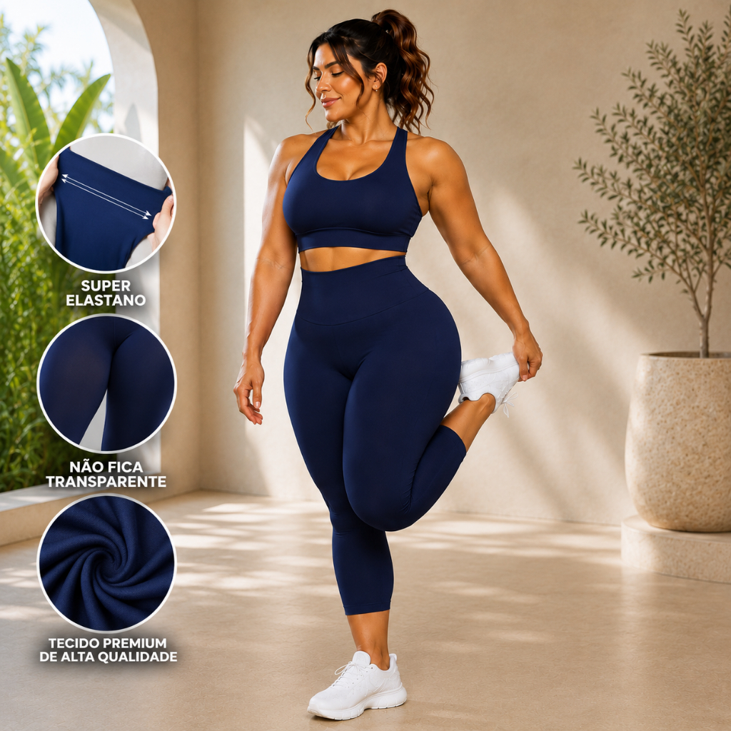 Conjunto Fitness Plus Size Feminino Calça Capri +Top Nadador Reforçado Cintura Alta Elastano Confortável Academia