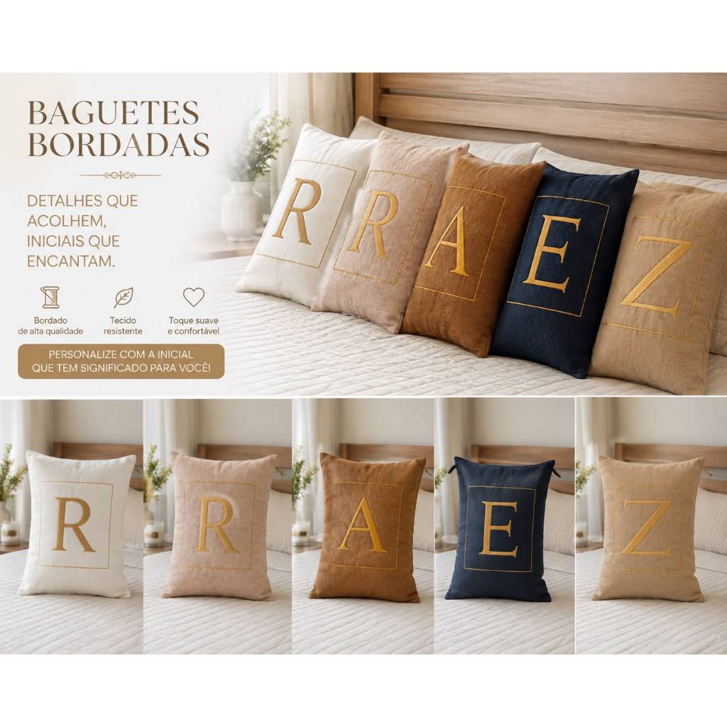 Almofada Baguete Personalizada Bordada 33x50 Linho Premium com Enchimento e Zíper