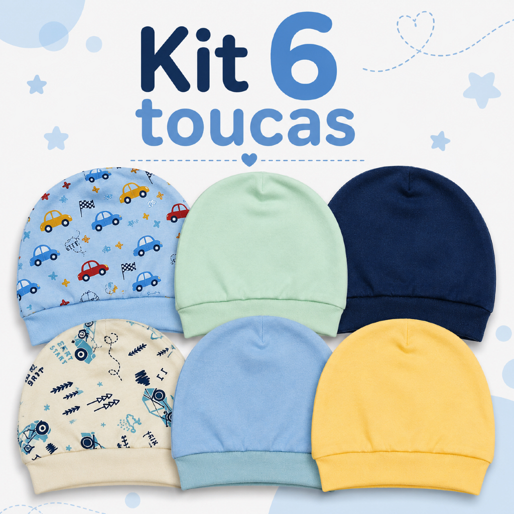 Kit 6 Toucas Bebê Recém Nascido Maternidade Lisas Estampadas 100% Algodão Antialérgico Gorro RN
