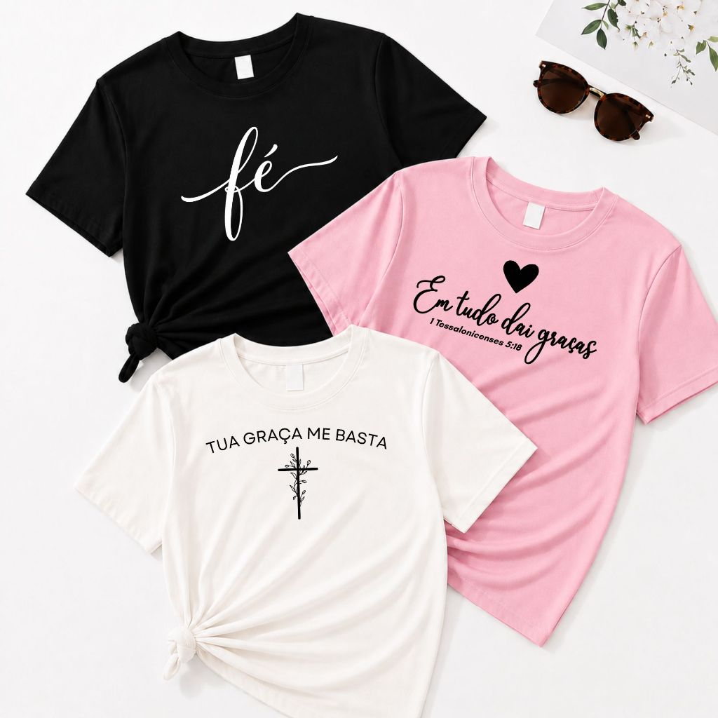 Kit 3 Camisetas Cristãs Estampadas Femininas 100% Algodão Casual Confortável Gospel Evangélica Religiosa Fé