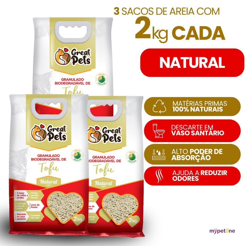 Areia Gatos Tofu 6kg Granulado Biodegradável Higiênico Natural Great Pets