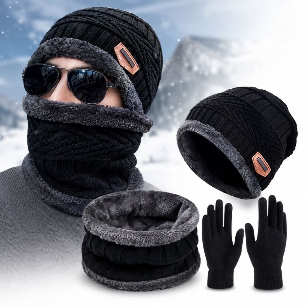 Conjunto Kit Inverno Frio Completo Luva Touch + Touca Forrada + Cachecol Protetor de Pescoço Unissex