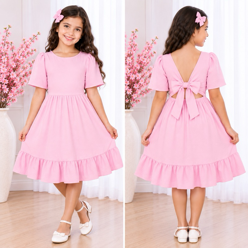 Vestido Infantil Feminino Midi Manga Curta Festa Casual Confortável