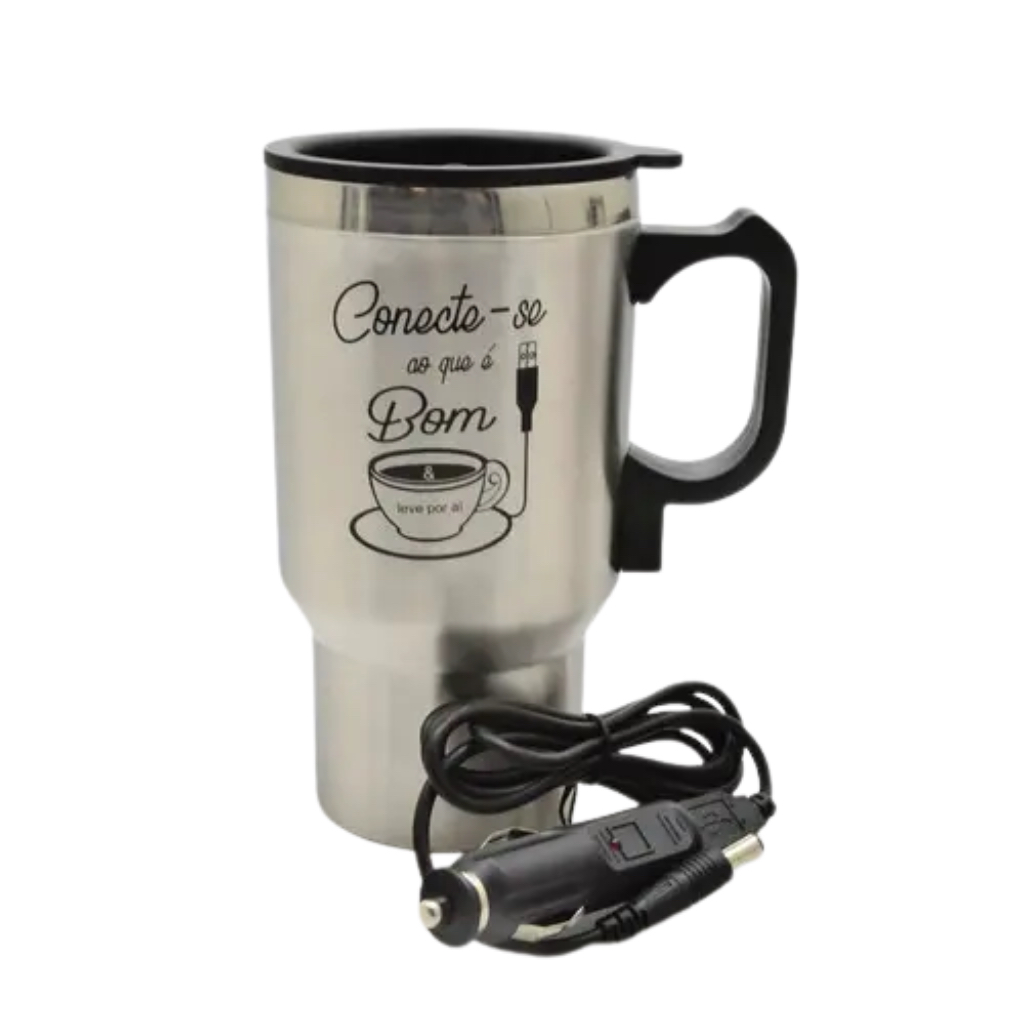 Caneca Térmica Elétrica 450ml Aquece Café Carro 12V USB Inox Mantém Quente Viagem Escritório