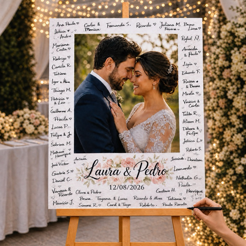 Quadro Decorativo Recepção de Casamento Assinaturas Foto do Casal data nome festa casório 110x80cm