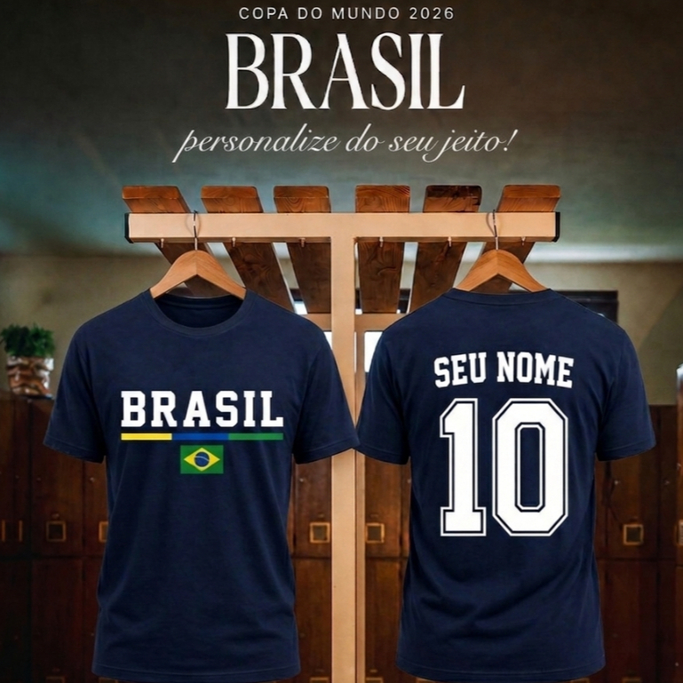 Camiseta Brasil Personalizada Com Nome E Número 100% Algodão Copa Hexa Selecao Brasileira Bar Churrasco Basica