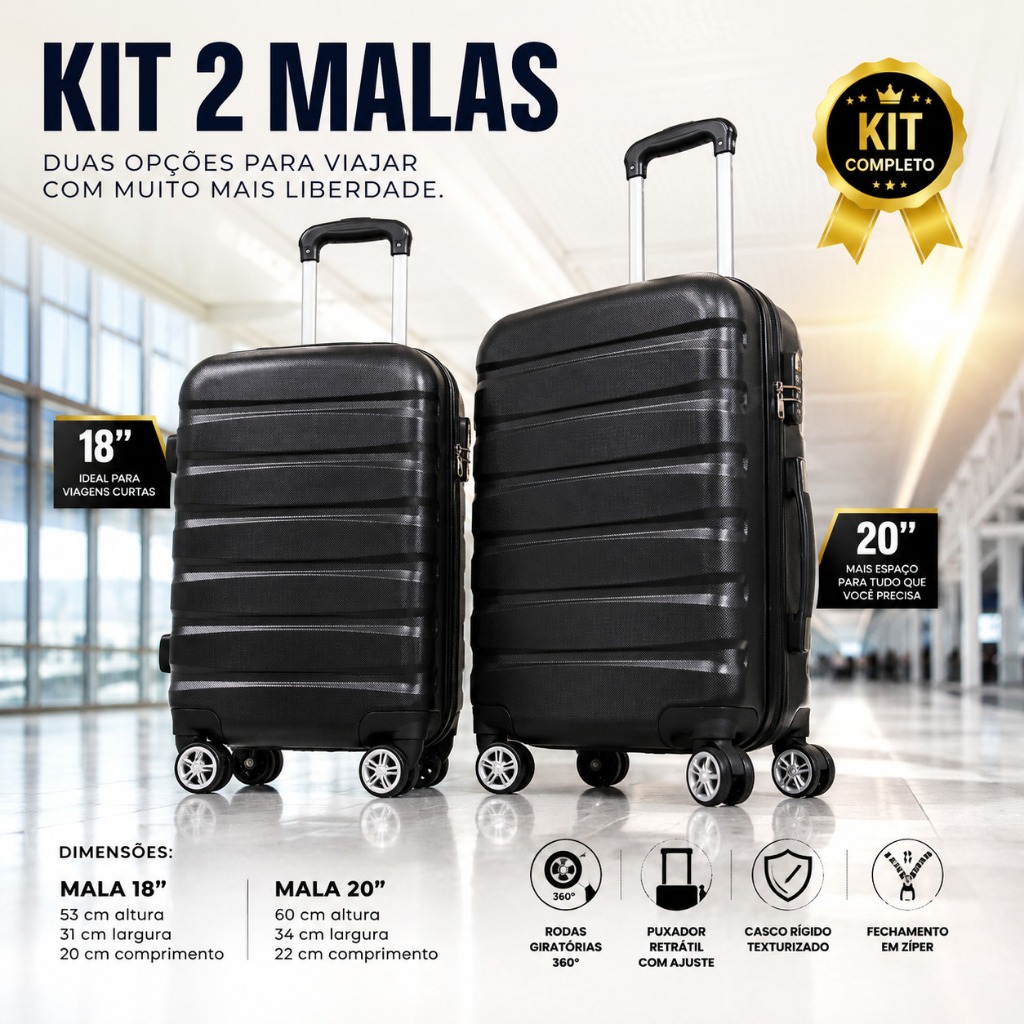 Kit 2 Malas Viagem Rodinhas 18 Polegadas 20 Grande Resistente Preta bagagem de viagem avião férias