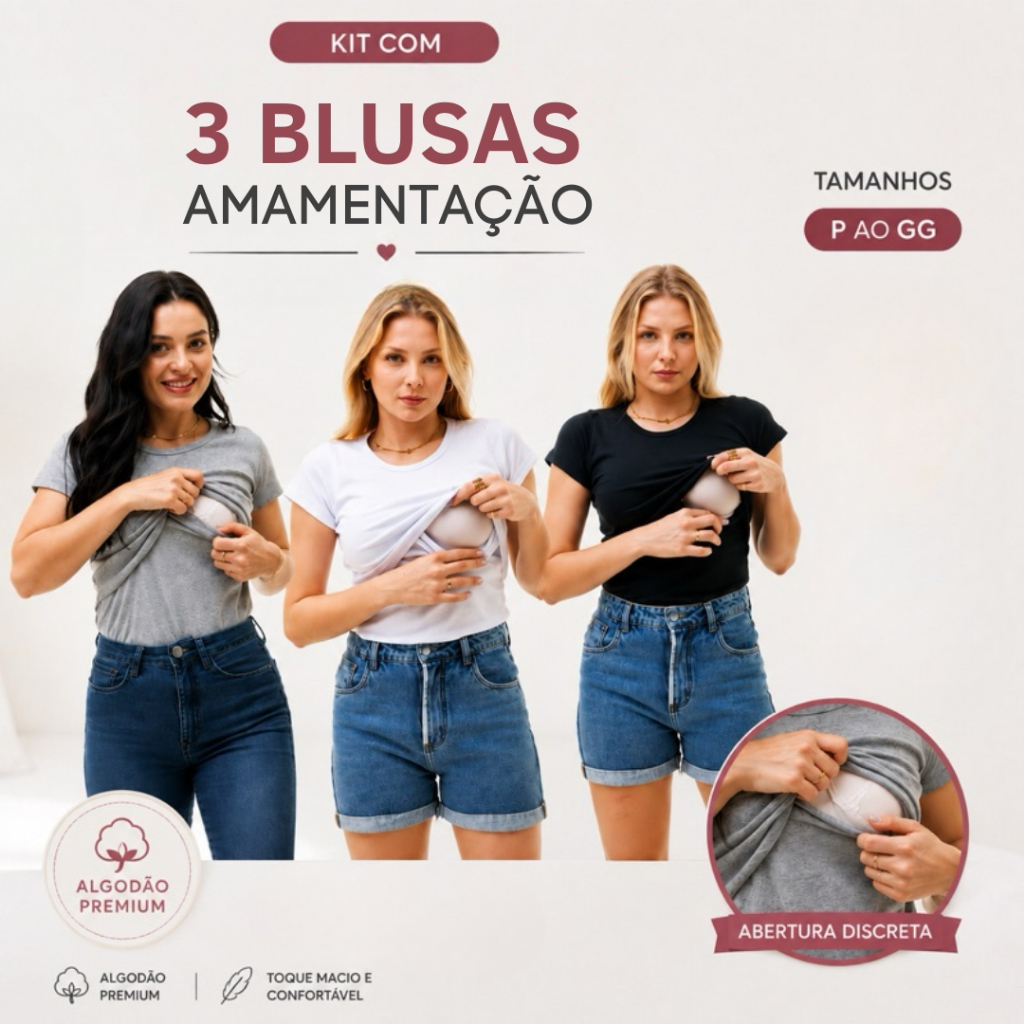 Kit 3 Blusa Manga Curta Amamentação Abertura Pratica Facil Discreta