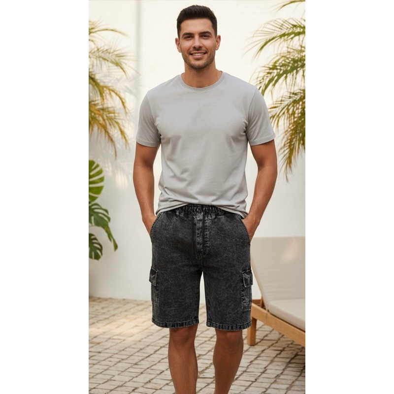 No.21 Bermuda Jeans Masculina Cargo Preta Marmorizada com Elástico e Cordão Bolsos Laterais Casual