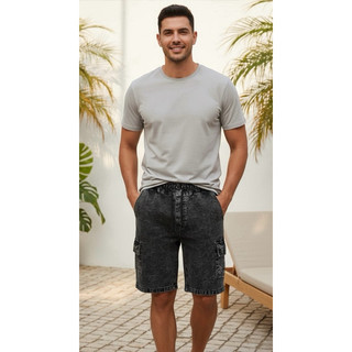No.21 Bermuda Jeans Masculina Cargo Preta Marmorizada com Elástico e Cordão Bolsos Laterais Casual