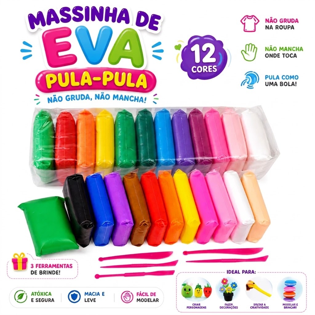 Massinha De Modelar EVA Pula-Pula 5,10,12 Cores Kit Infantil Escolar Macia Não Gruda Brinde