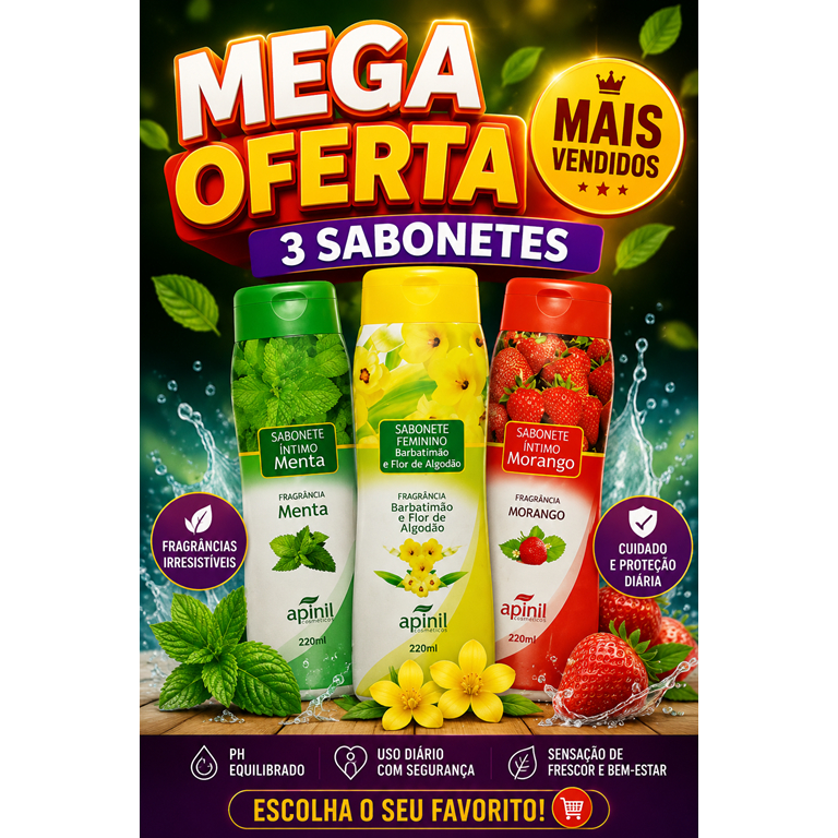 KIT 3 unid Sabonetes Líquido Íntimo Aromático Apinil Sortidos