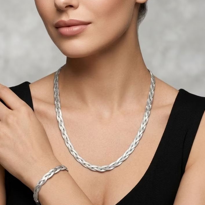 Conjunto feminino Colar e Pulseira Trançados – Aço Inoxidável Prata e trio de cores, Antialérgico e Resistente à Água