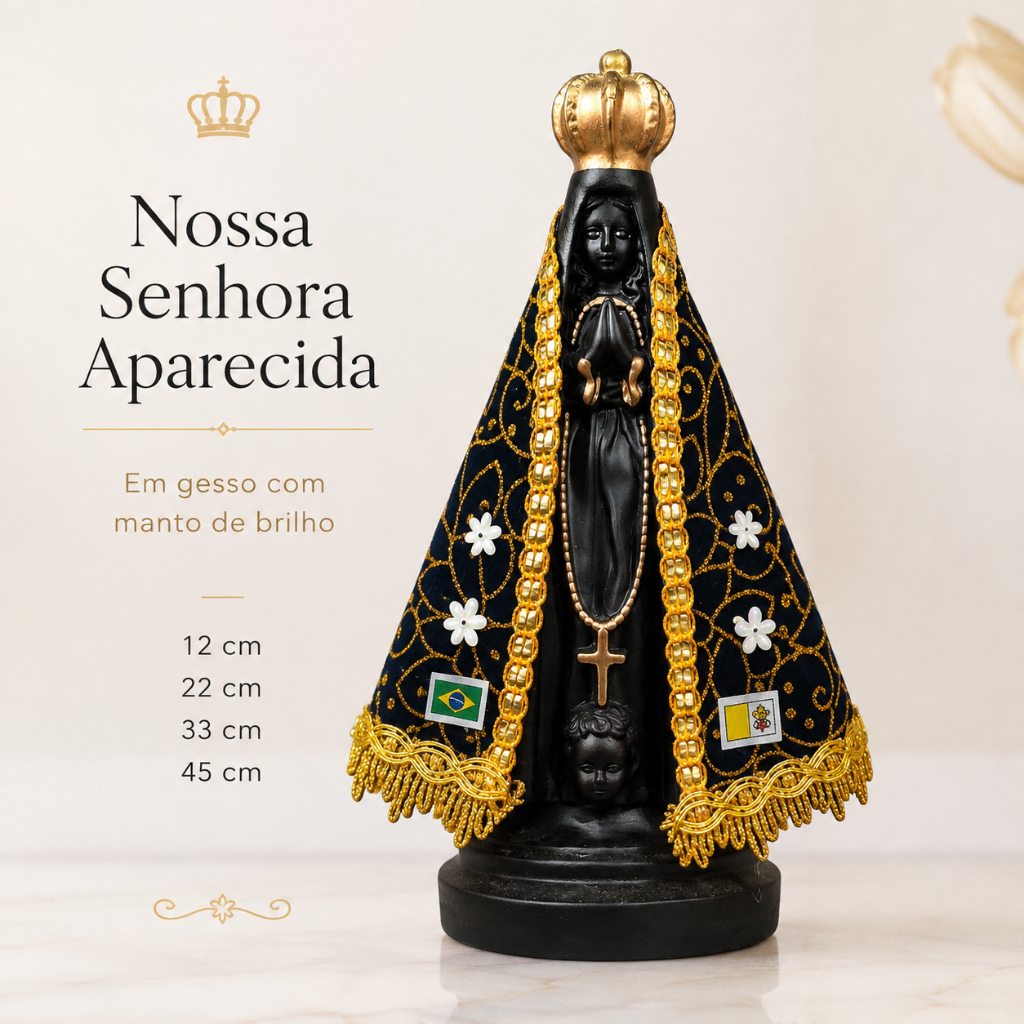 Imagem de Nossa Senhora Aparecida em Gesso com Manto de Brilho Decoração Religiosa