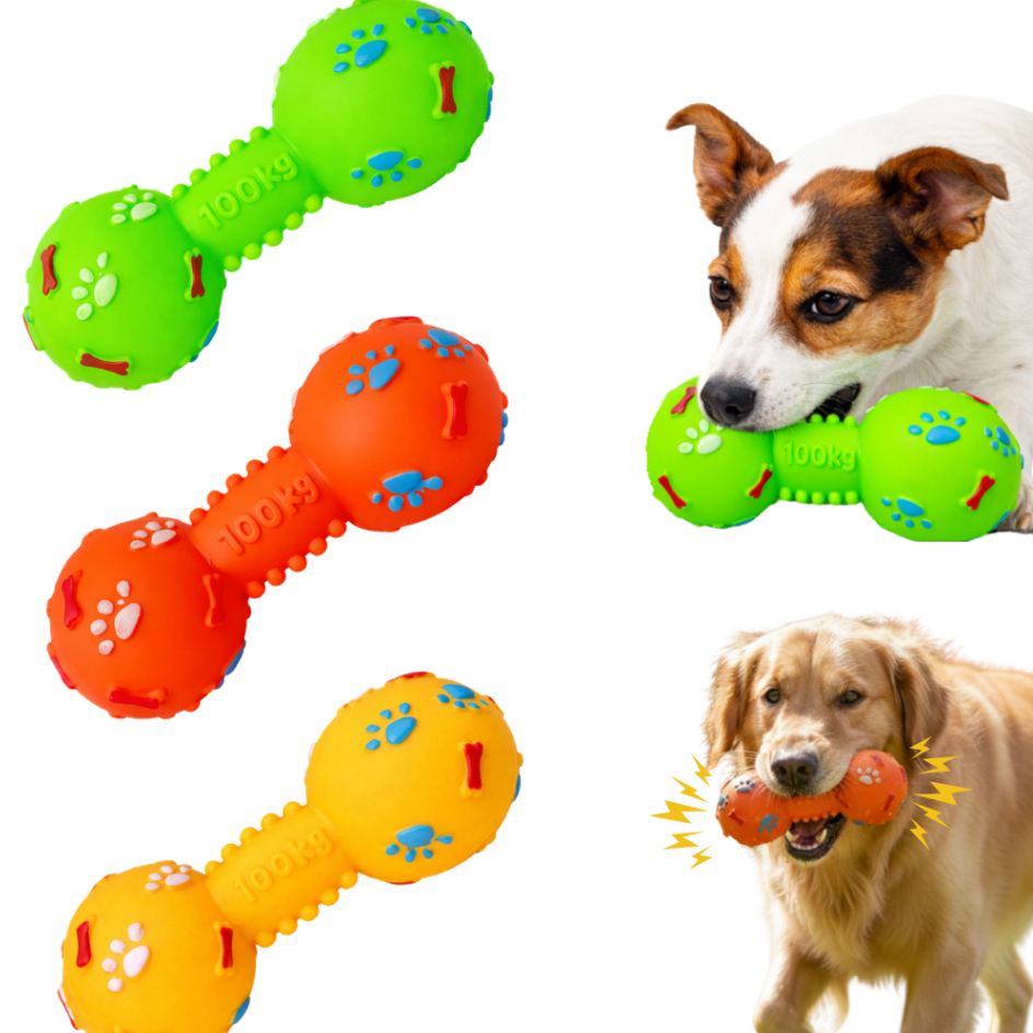 Brinquedo Mordedor Halteres com Apito Vinil 15cm para Cachorro Pequeno Médio Colorido Pet Interativo