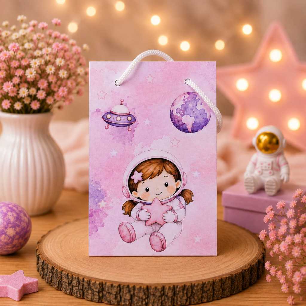 Kit Sacolinha - Sacola  Papelaria Personalizada  ASTRONAUTA MENINA - Lembrancinha - Caixinha para Festa Infantil