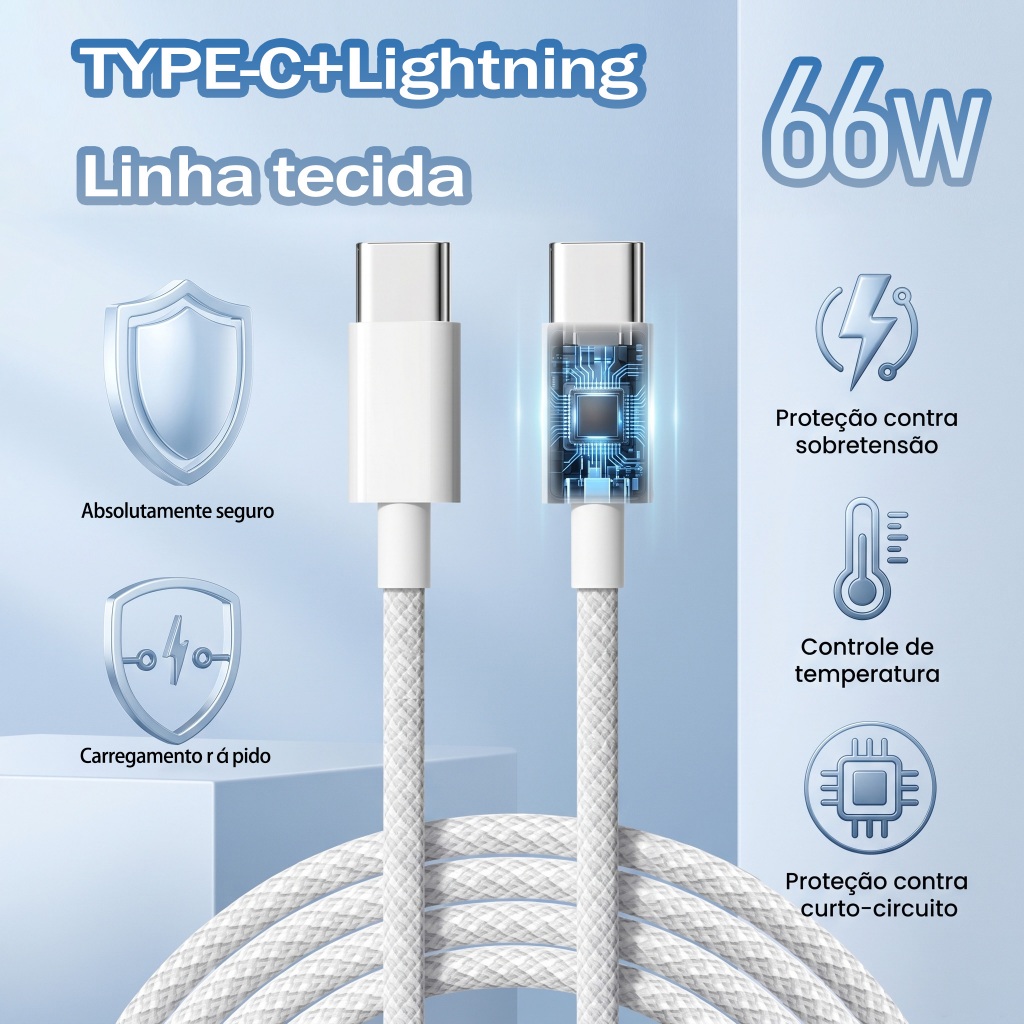 Cabo Carregador Tipo-C para Tipo-C 1M Trançado Rápido, Compatível com iPhone e Celulares Android