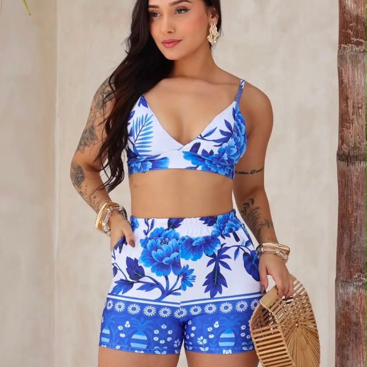 Conjunto Maya Feminino Cropped + Short Estampado Verão Tendência Moda Blogueira