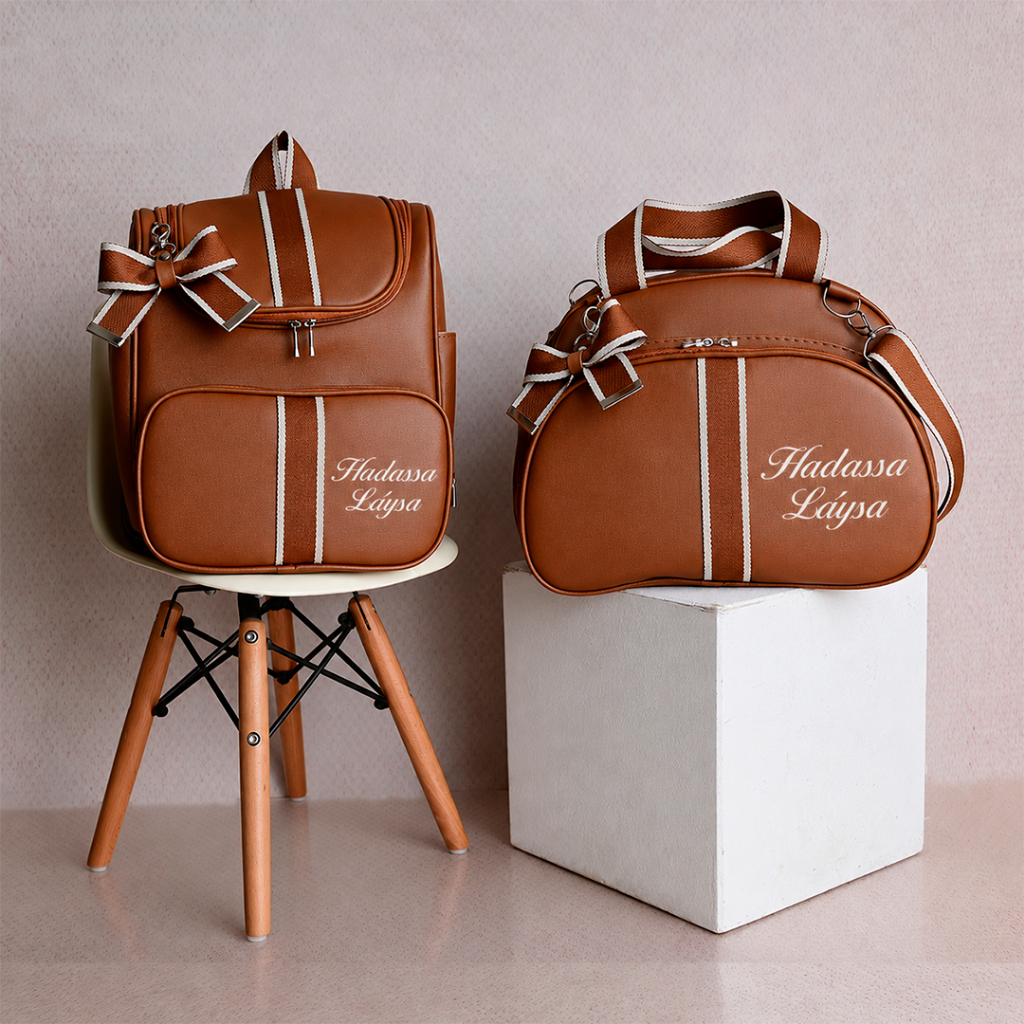 Kit Bolsa Maternidade Marrom 2 peças l Bordado e Personalizado | Mala e Mochila | Luxo e Impermeável