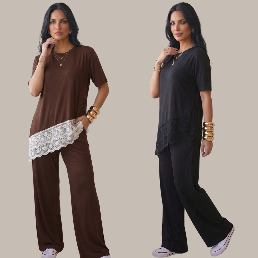 Kit com 2 Conjuntos de Calça Pantalona e Max Blusão Tee com Detalhe Assimétrico com Renda — imagem 2 de 2