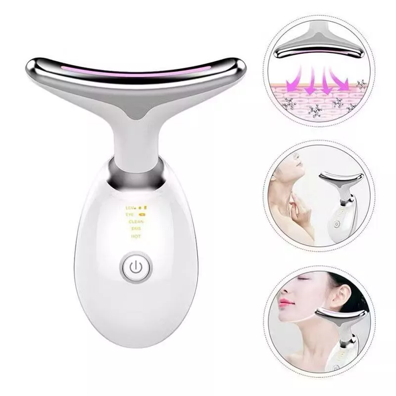 Massageador Facial e Pescoço LED com Fototerapia, Antirrugas Eficaz e Firmador, e Radiante 3 Cores Aleatorias.