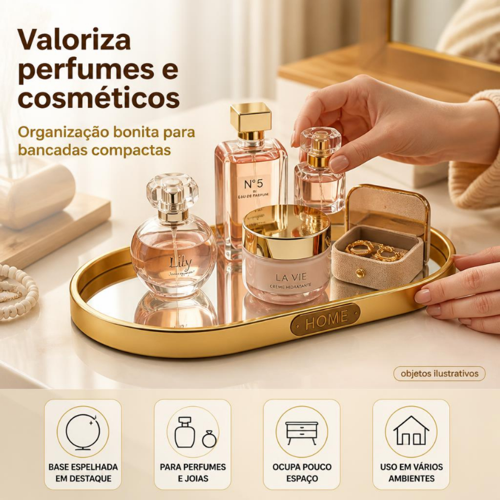 Bandeja Espelhada Dourada Oval 25 x 15 cm para Perfumes Lavabo Penteadeira Aparador Decoração — imagem 2 de 2