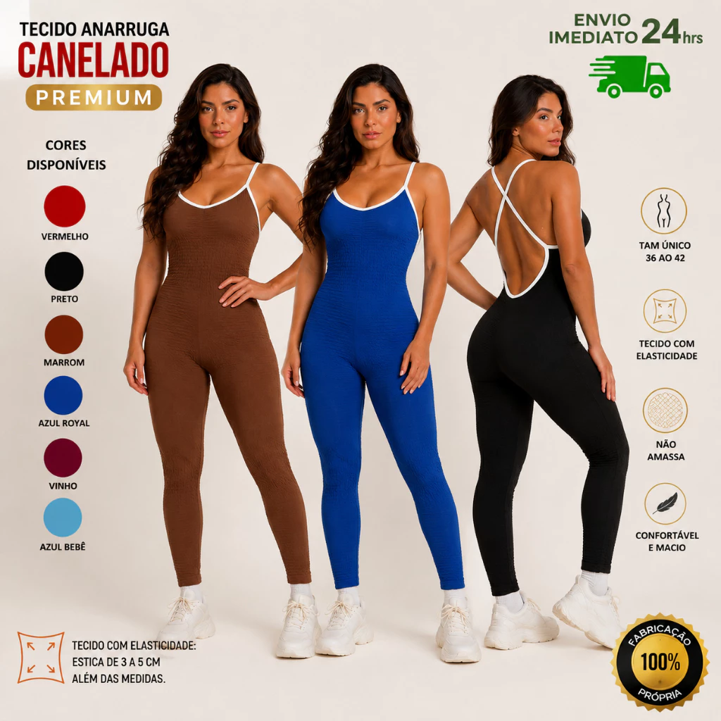 Macacão feminino Academia Costa X Canelado anarruga Longo