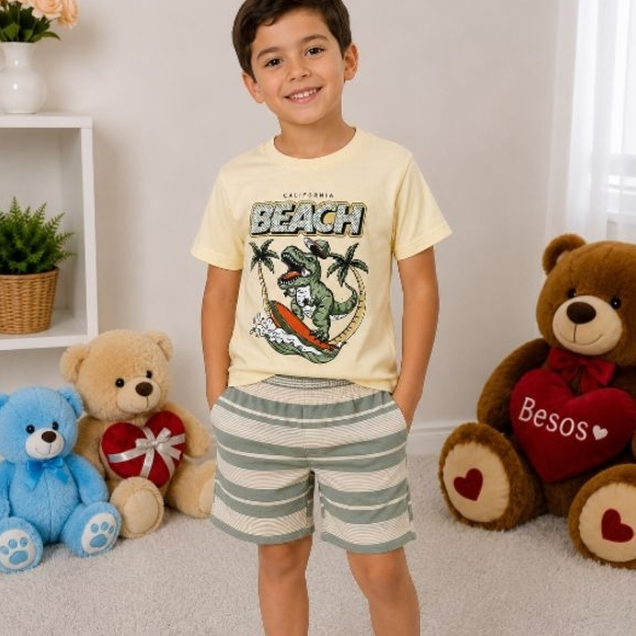 CONJUNTO INFANTIL MASCULINO BEACH DINOSSAURO SURF CAMISETA 100% ALGODÃO E BERMUDA LISTRADA