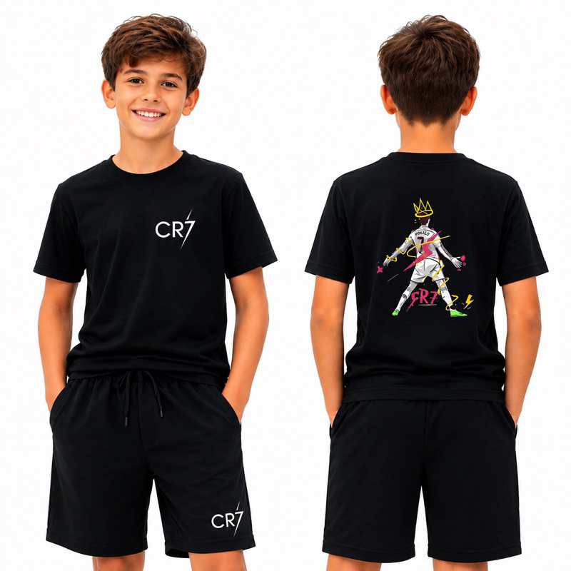 Conjunto Infantil Cristiano Ronaldo CR7 Camiseta + Short Bermuda Moletom Menino