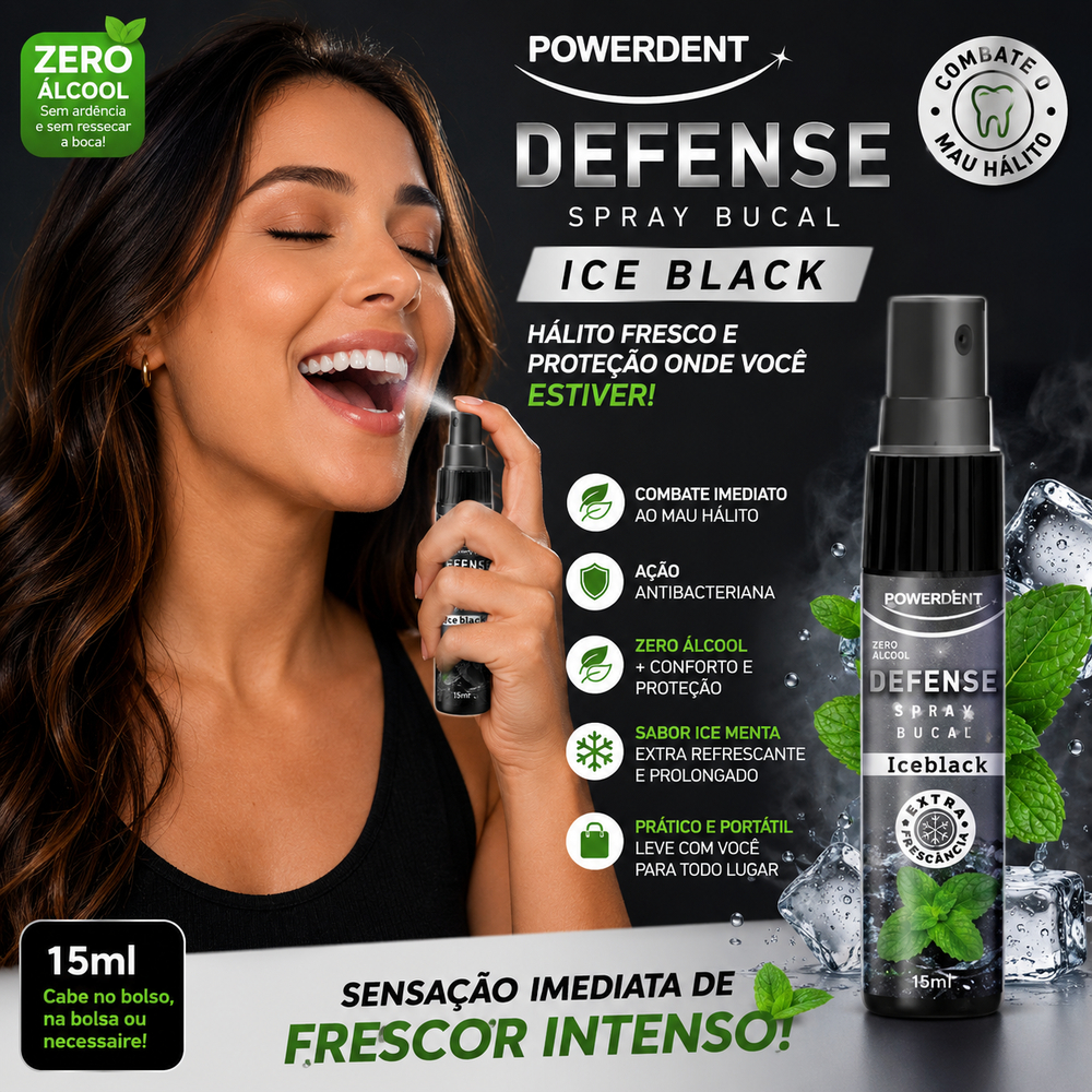 Spray Bucal Defense Ice Black Menta Elimina Mau Hálito 15ml Powerdent