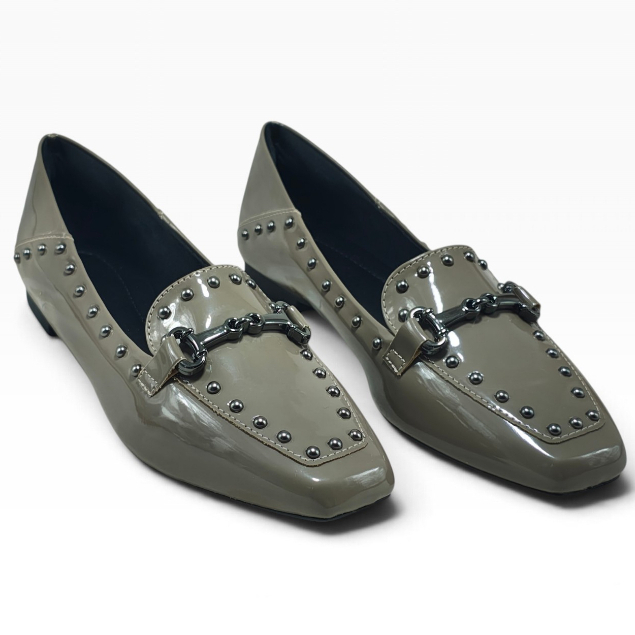 Sapato Feminino Mocassim Cor Concreto Confortável Bico Quadrado Enfeite Metal Sapatilha Feminina Casual Elegante