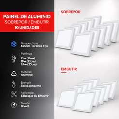 Kit 10 Painel Led Plafon Alumínio 12w 18w 24w 6500k Branco Frio Bivolt de Embutir/Sobrepor Avant