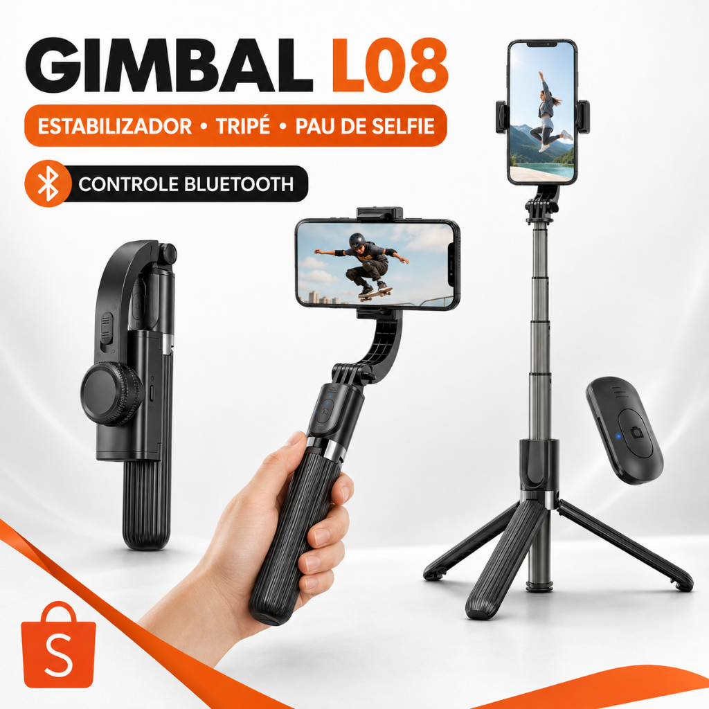 Estabilizador Gimbal L08 para Celular Smartphone, Suporte Portátil para Vídeos, Fotos, Lives e Redes Sociais Uso Diário