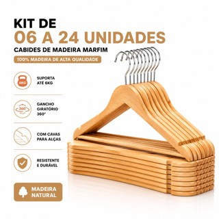 Kit 6 a 24 Cabides Madeira Premium Marfim Roupas Calca Gancho Cromado Antideslizante Dura…