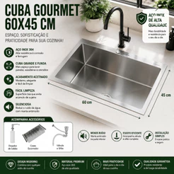 Cuba Pia Inox Quadrada Prata Cozinha Gourmet 60cm Com Acessórios Válvula Escorredor
