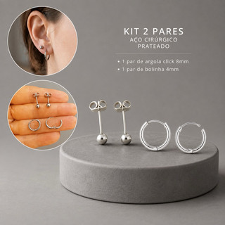 Brinco Argola + Brinco Bolinha em Aço Cirúrgico Kit 2 pares de brinco