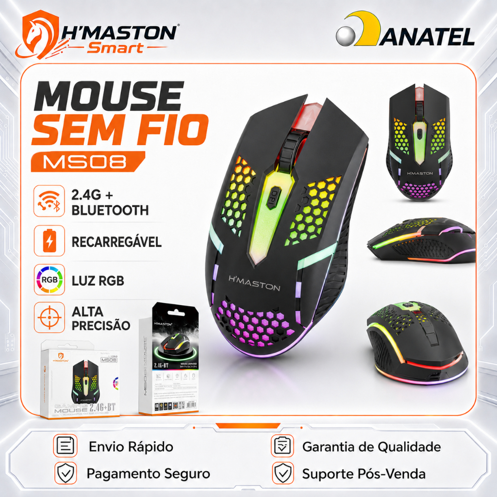 H'Maston MS08 Mouse Sem Fio Para Notebook Mouse Gamer Sem Fio Mouse Sem Fio Recarregável Mouse Sem Fio Gamer