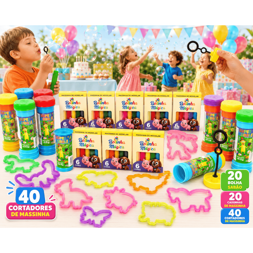 20 Cx Massinha de Modelar + 20 Bolha de Sabao + 40 Cortador Kit Festa…