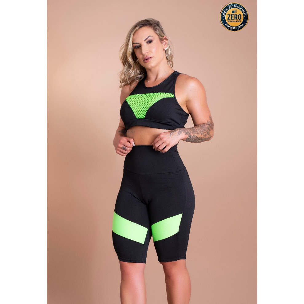 Conjunto Fitness Feminino Bermuda Cintura Alta Recorte E Top Nadador Tela Sustentação Academia ZERO TRANSPARÊNCIA
