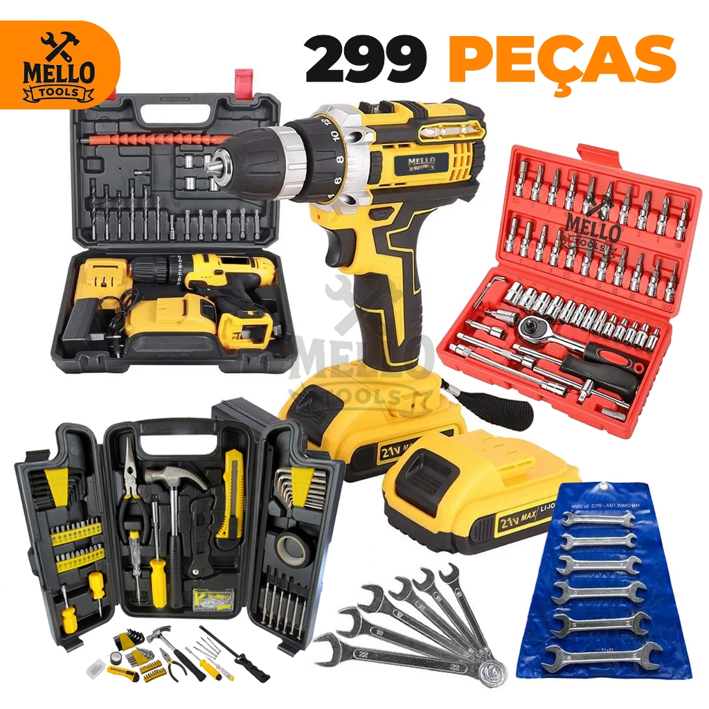 Kit Ferramentas 259 Peças com Parafusadeira Furadeira 21V Sem Fio + Jogo Soquetes 46 + Nível Laser e Trena Profissional