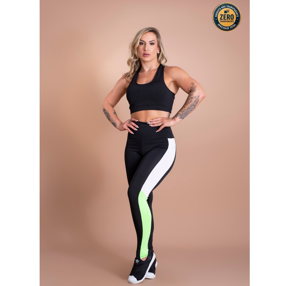 Conjunto Fitness Feminino Calça Legging Cintura Alta Faixa Lateral E Top Nadador Liso Básico Academia ZERO TRANSPARÊNCIA