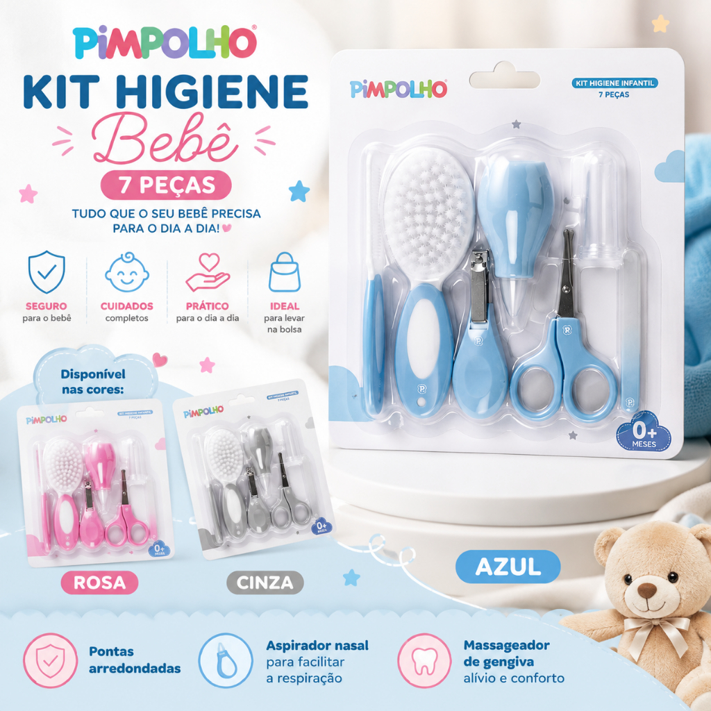 Kit Higiene Bebê Pimpolho 7 Peças Escova Pente Tesoura Cortador Aspirador Nasal 0+