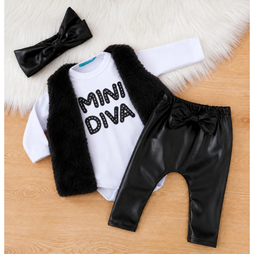 Conjunto Inverno Luxo Kit Mini Diva Colete Pelúcia Faixa Roupa Moda Bebê Menina Roupinha Blogueinha