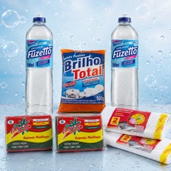 Kit Limpeza Cozinha Fuzetto 2 Lava-Louças 500ml + Brilho Total 500g + 2 Esponjas + 4 Panos de Pia