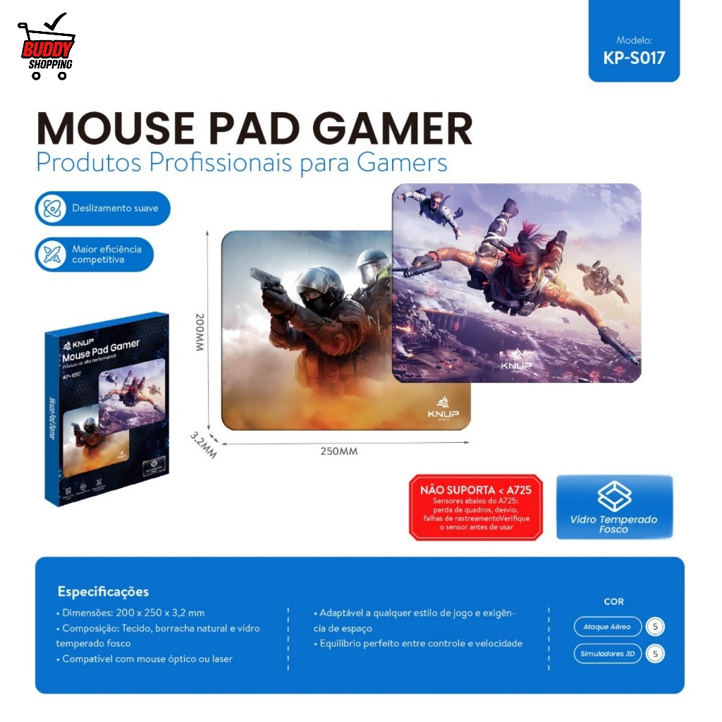 Mousepad Gamer Antiderratante Base Emborrachada Superficie Tecido Vidro Temperado Fosco 200x250mm