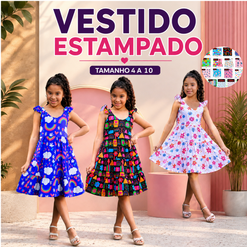 Vestido MARIA Infantil Menina Estampado– Moda Verão Casual, Leve e Confortável | Estampa e Cor Sortida | Modelo Charmoso