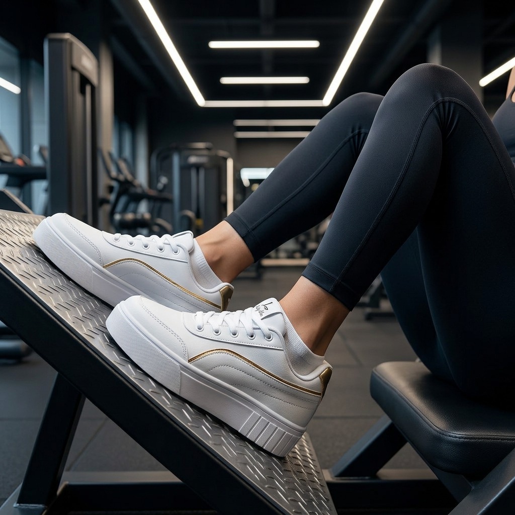 Tênis Feminino Casual Branco com Detalhes Dourado Solado Plataforma Linha Premium Confortável Leve Macio Moda Mulher