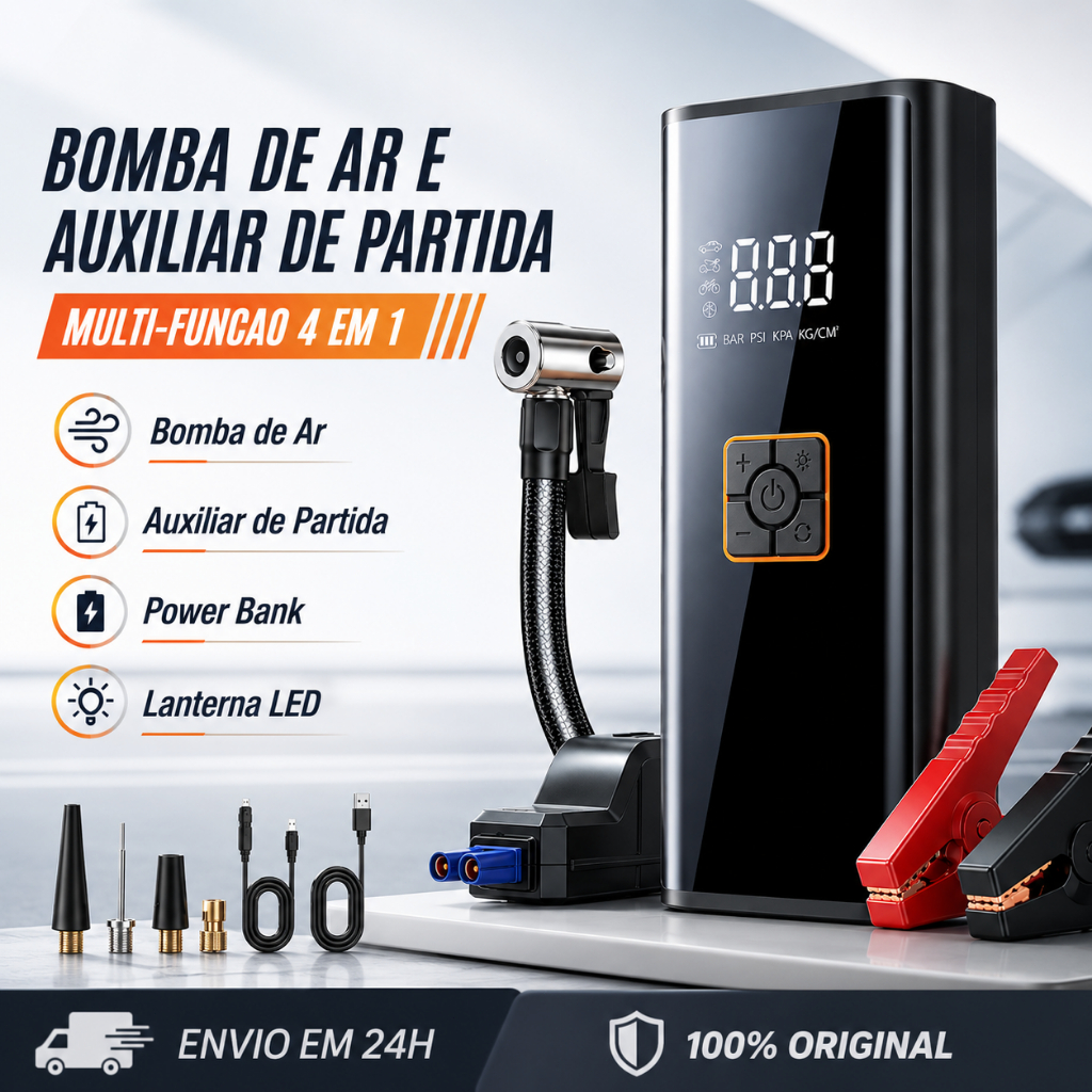 Bomba de Ar Portatil Compressor Inflator Auxiliador Partida Multi-função 6 em 1 PowerBank 10000mah 150PSI