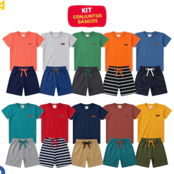 Kit 8 Peças Roupa Básica Infantil Menino Conjunto Liso Verão Algodão - 4 Camisetas + 4 Bermudas