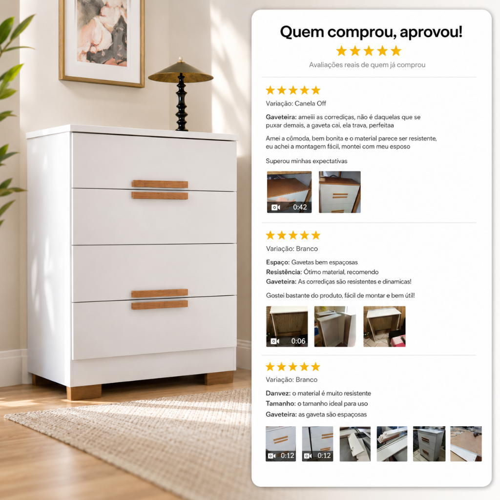 Cômoda Para Quarto 4 Gavetas MDF Com Pés Corrediças Telescópicas Multiuso Adulto Grande Napoles · foto 2